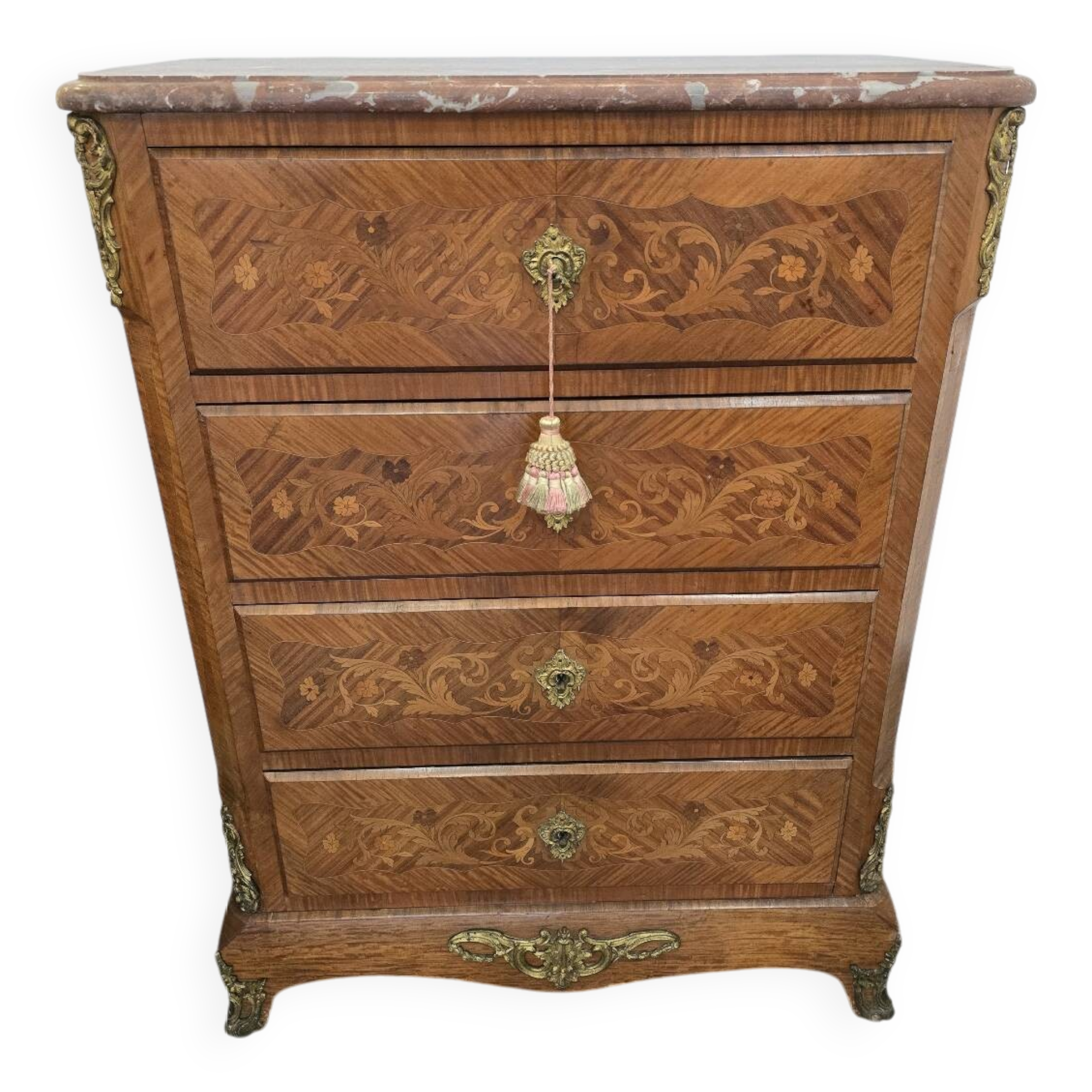 Louis XV chest of drawers in marquetry and gilded bronze - Marble top