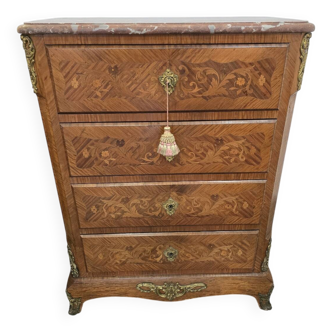 Louis XV chiffonier in marquetry and gilded bronze - Marble top