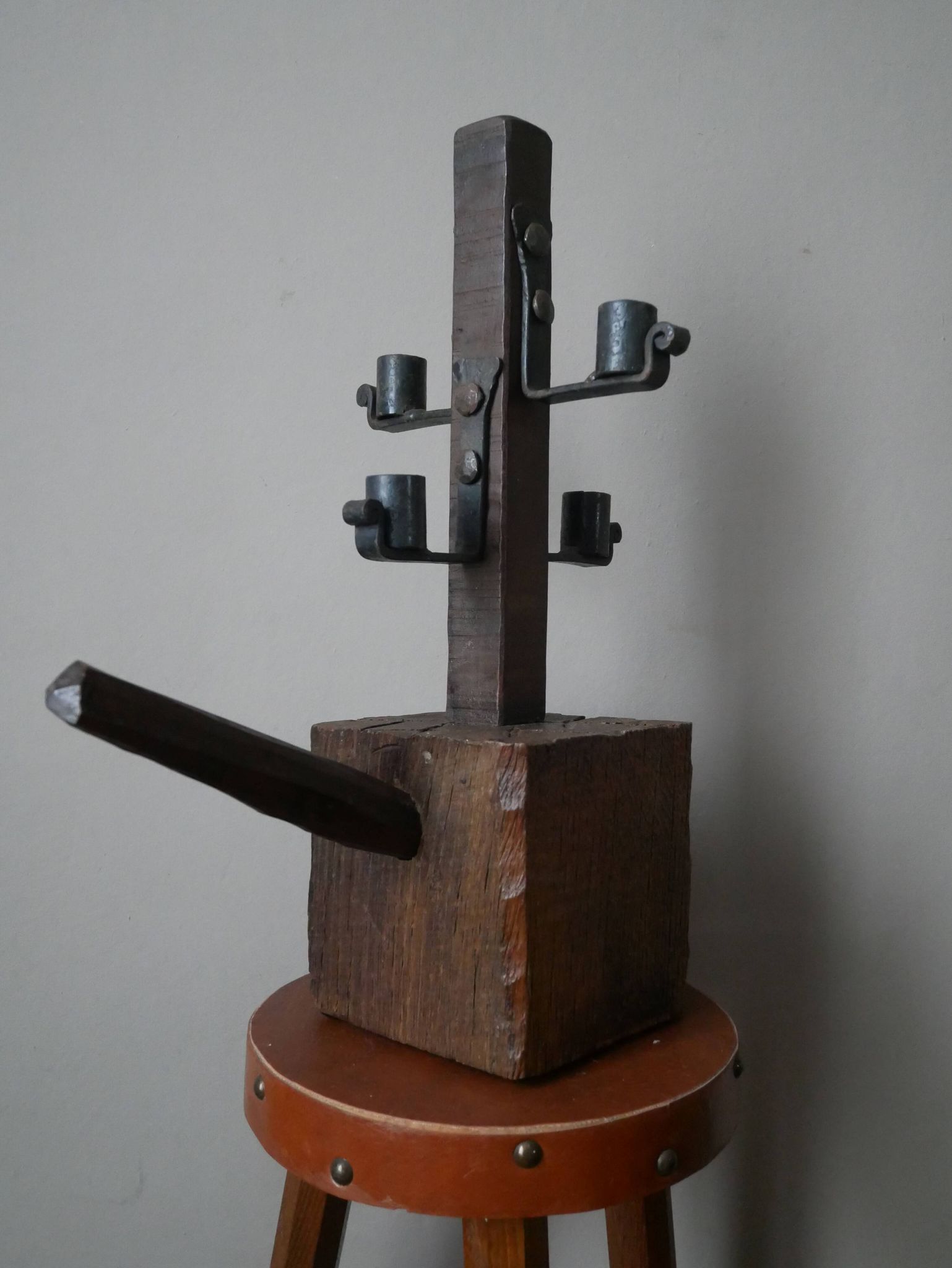 Candle holder wood wrought iron folk art decoration brutalist handmade countryside candlestick candelabra