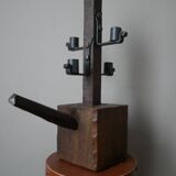 Candle holder wood wrought iron folk art decoration brutalist handmade countryside candlestick candelabra