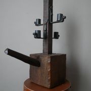 Candle holder wood wrought iron folk art decoration brutalist handmade countryside candlestick candelabra