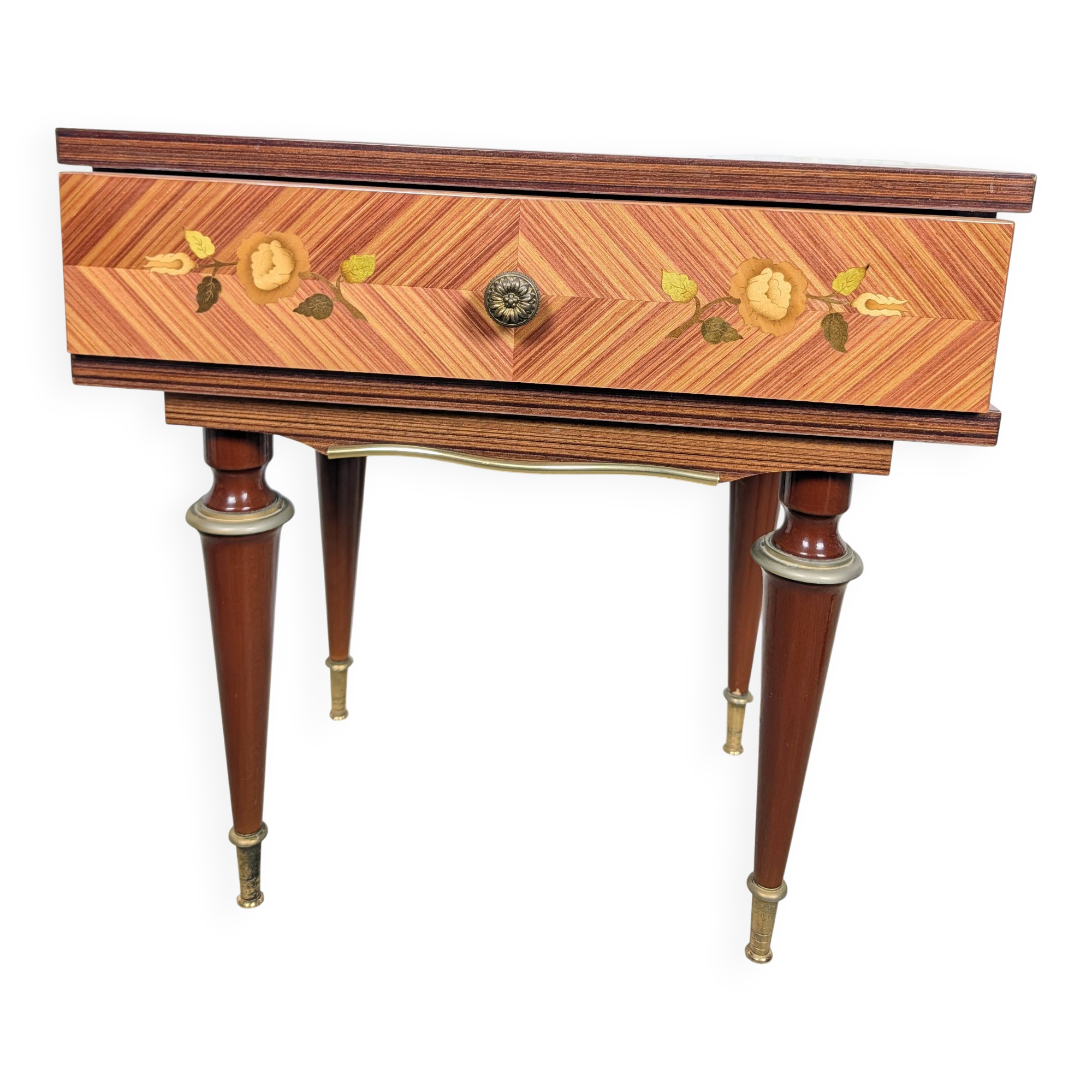 Table de chevet marqueterie fleurie et laiton