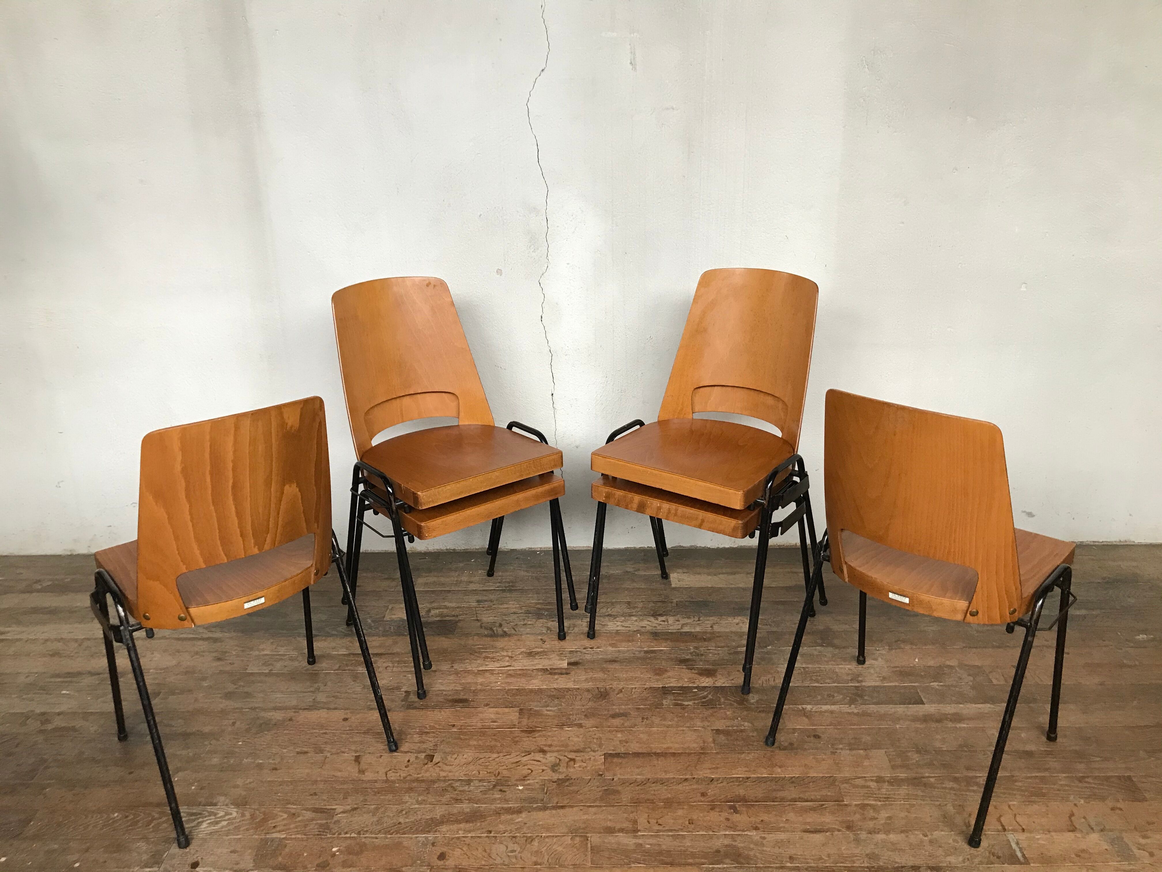 Series of 6 vintage chairs Baumann in beech design year 1950 1960