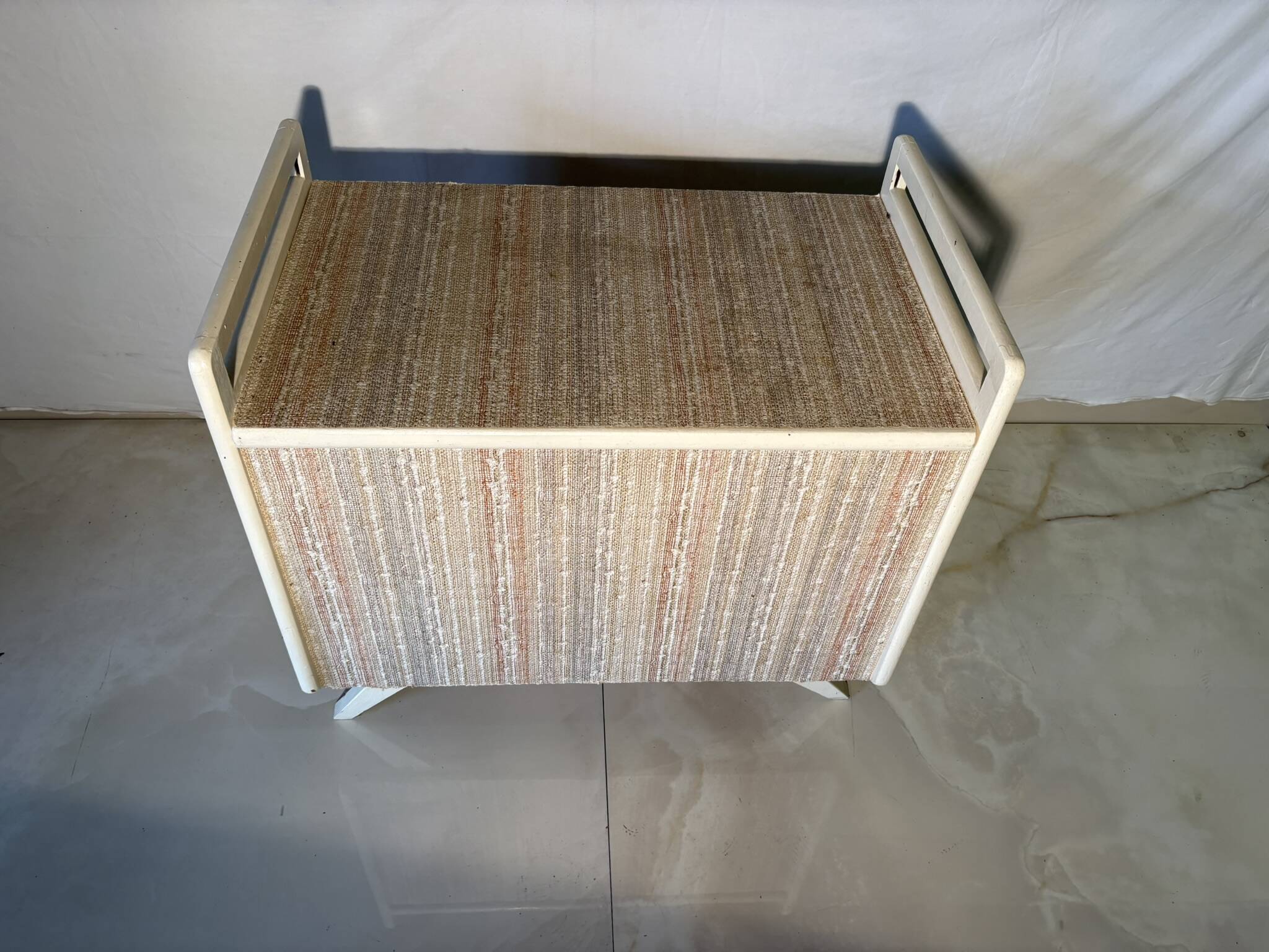 Vintage upholstered chest, white lacquered wooden structure, 1960s-70s