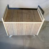 Vintage upholstered chest, white lacquered wooden structure, 1960s-70s