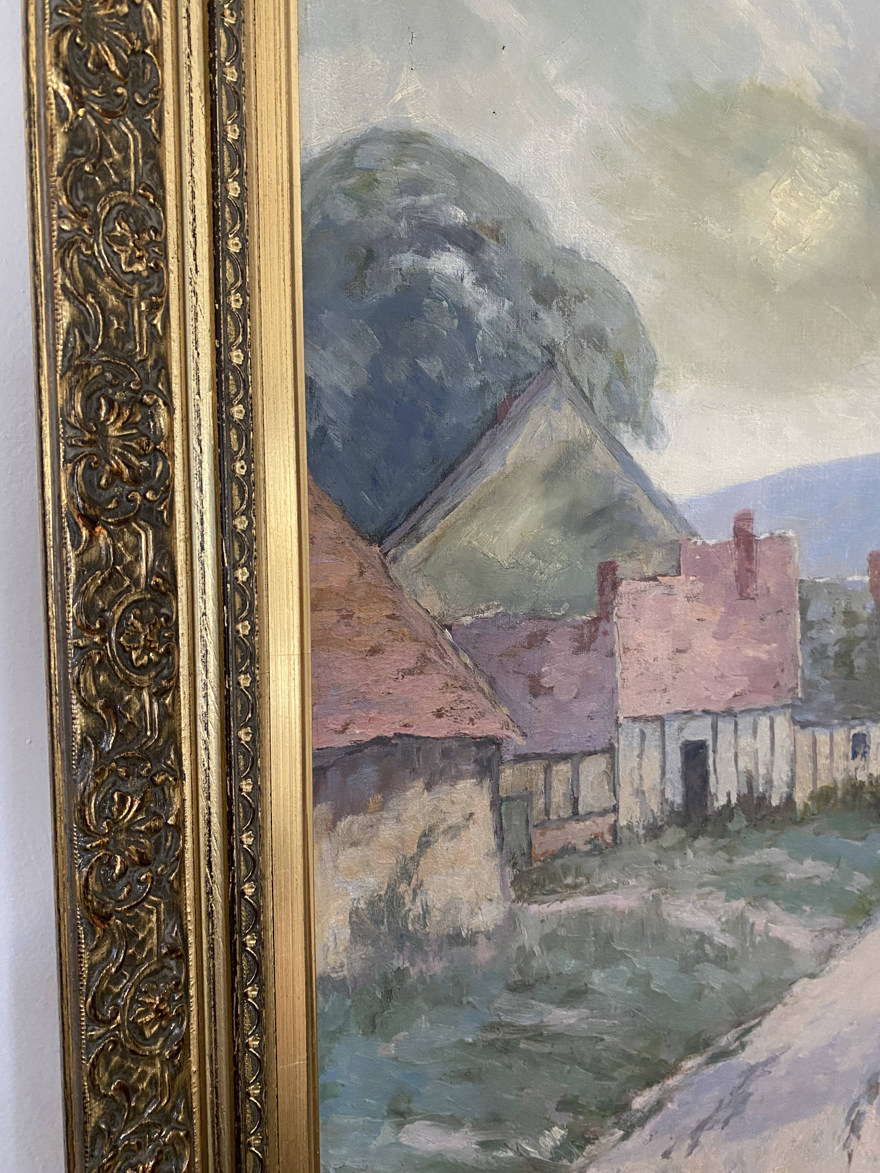 Tableau huile sur toile ancienne attribué à R. SCHWAB. Village cadre bois doré vintage 65 x 80 cm