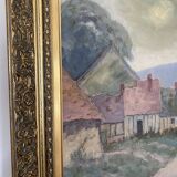 Old oil painting on canvas attributed to R. SCHWAB. Village vintage gilded wood frame 65 x 80 cm