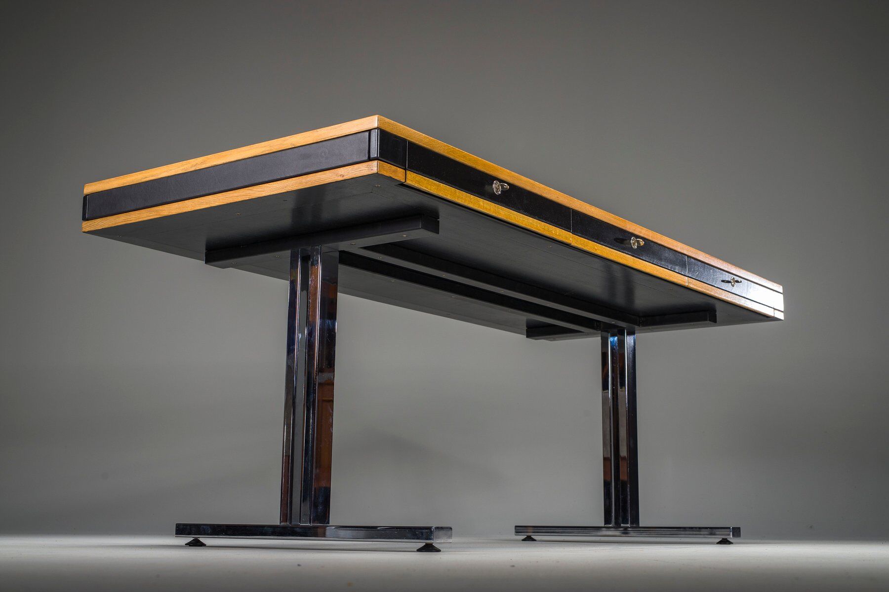 Mid-century modern oak and chrome desk with leather top, 1980s