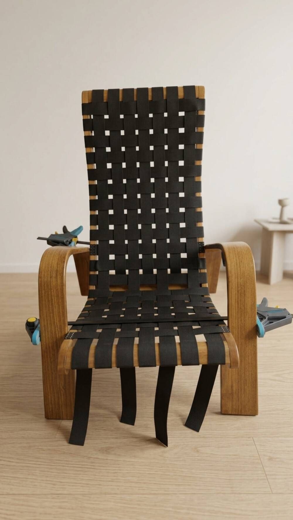 Pair of mid-century woven wood armchairs, 1950s, Czechoslovakia, 68 × 90 × 100 cm
