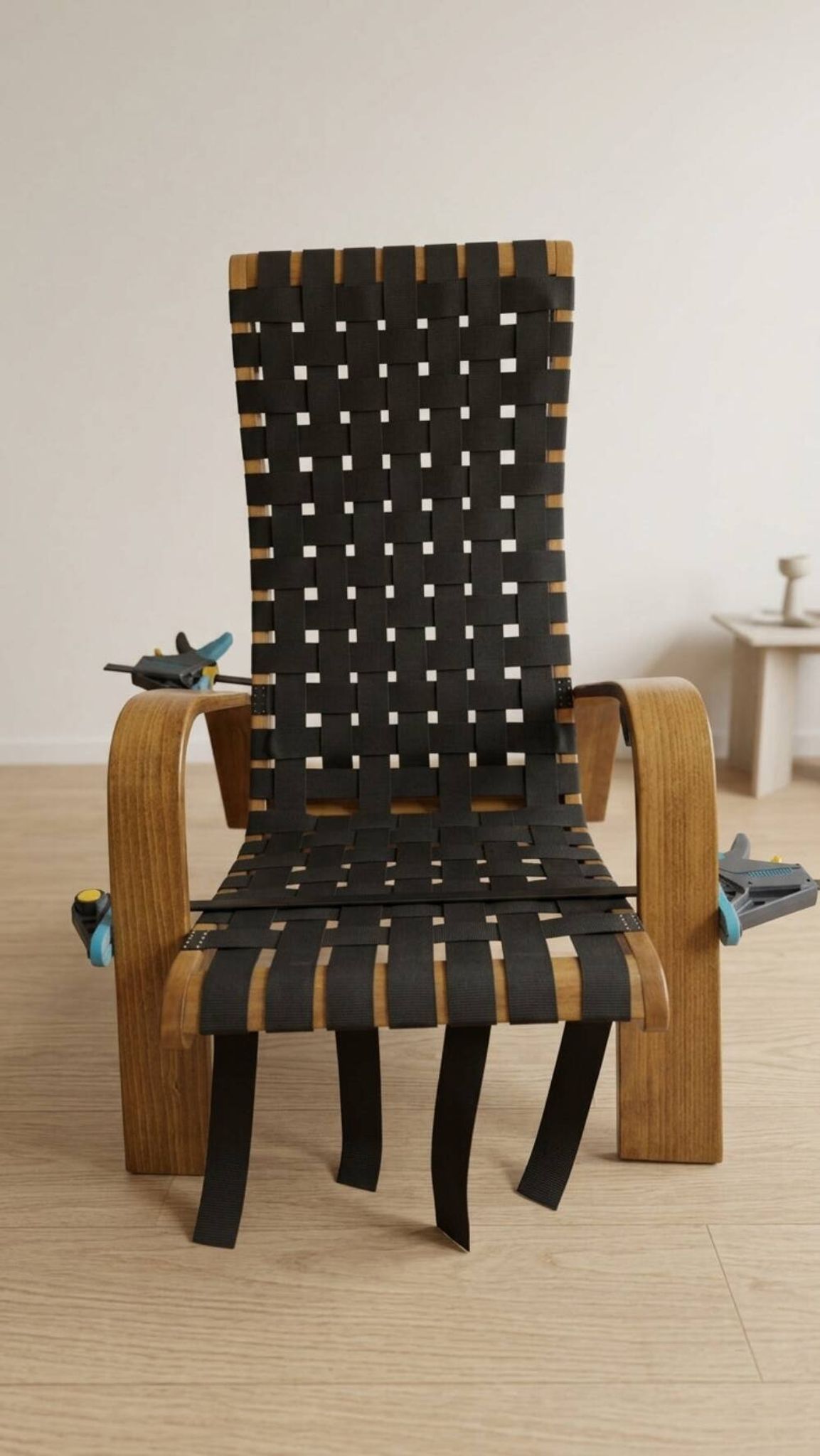 Pair of mid-century woven wood armchairs, 1950s, Czechoslovakia, 68 × 90 × 100 cm
