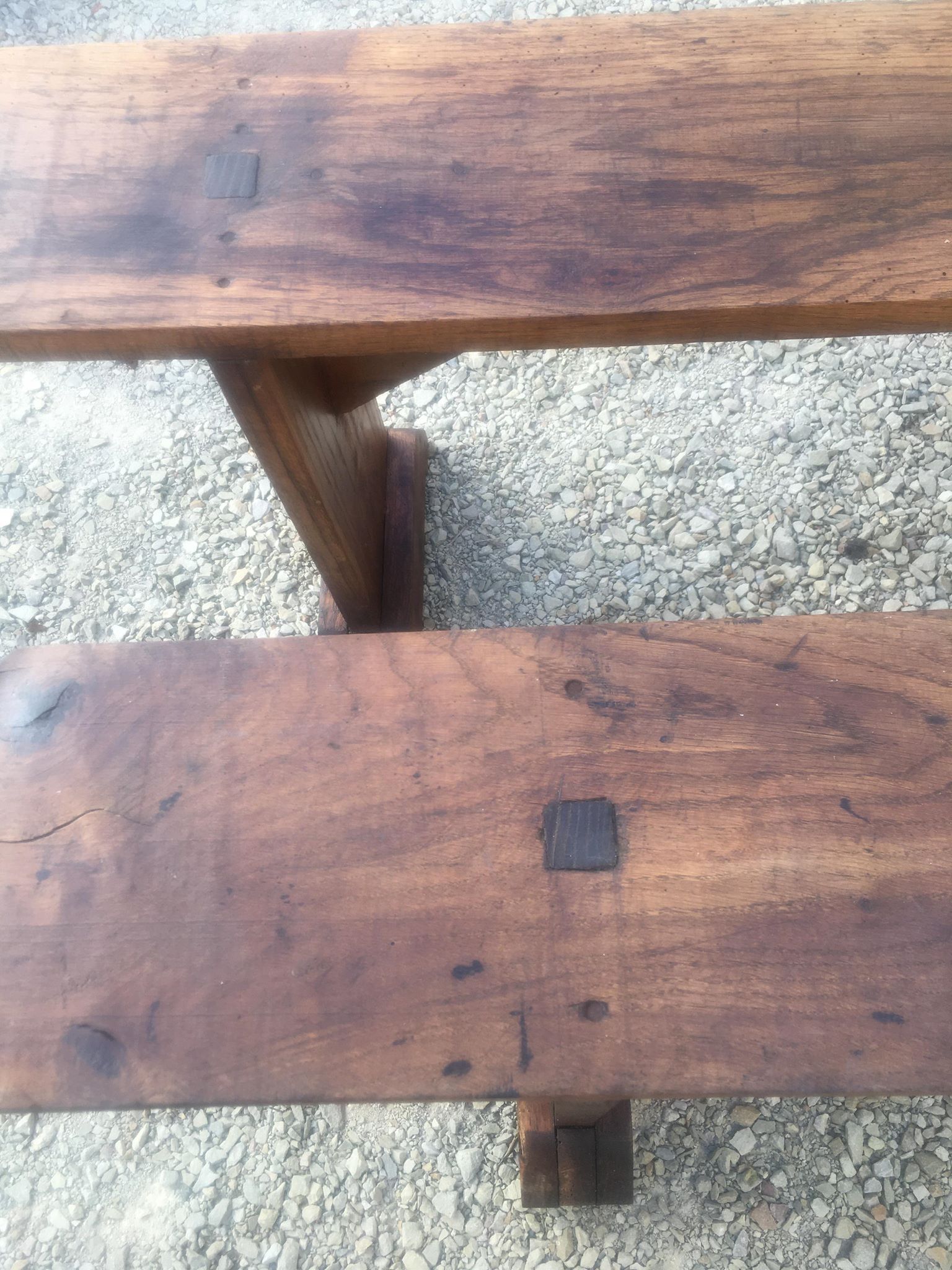 Pair of farm benches in rustic oak