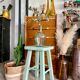 Old almond green wooden stool