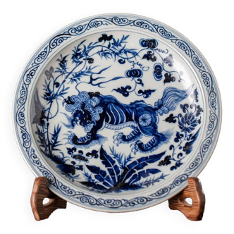 Ming Yongxuan Style Blue and White Porcelain Pirin Pattern Plate Classic Craft
