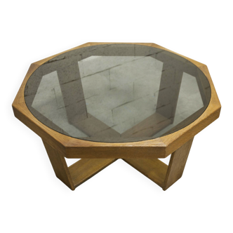 Hexagonal table 1977 oak smoked glass Swiss German unique piece