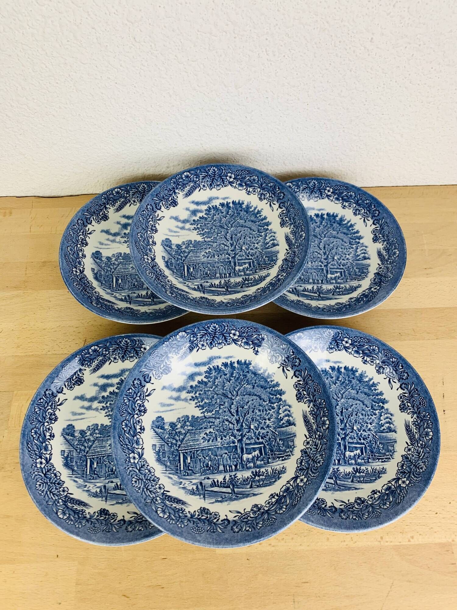6 Churchill English ironstone soup plates, blue