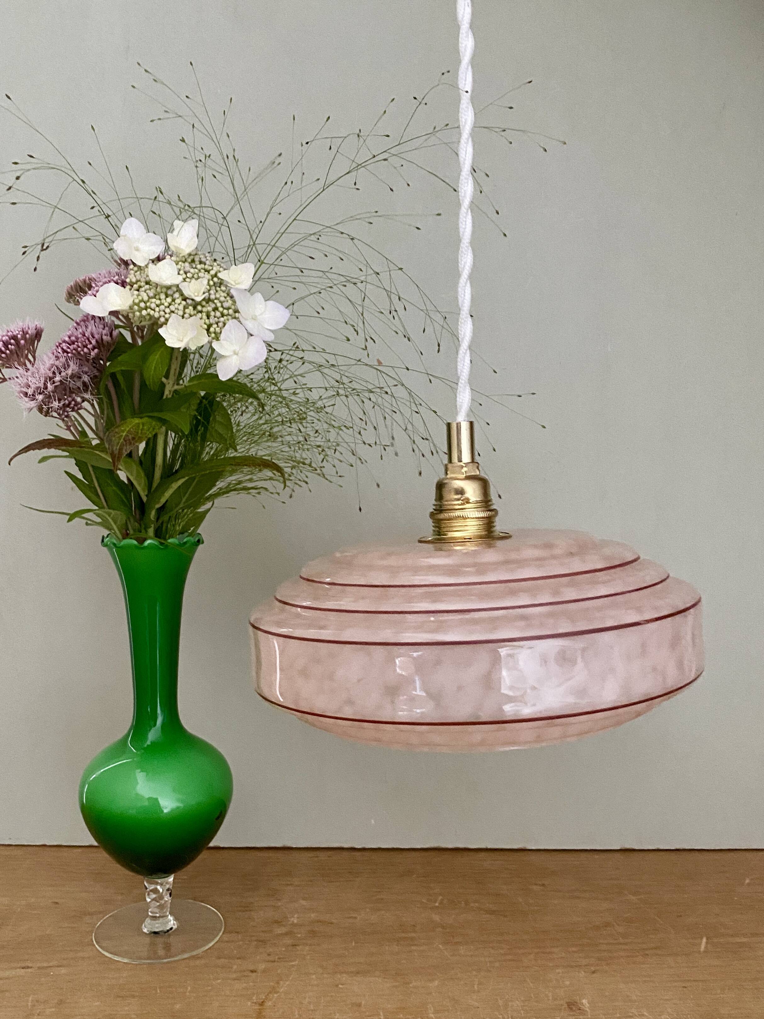 Vintage pink and red Clichy glass lampshade pendant light