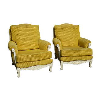 Set deux fauteuils shabby chic tissu jaune