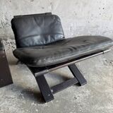 Vintage Scandinavian Black Leather Armchair with Ottoman — Solid Dark Wood Frame, Mid‑Century Modern