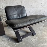 Vintage Scandinavian Black Leather Armchair with Ottoman — Solid Dark Wood Frame, Mid‑Century Modern