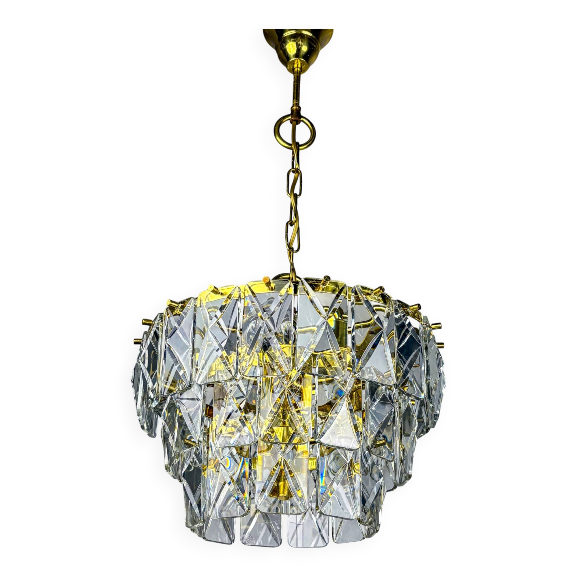 Kinkeldey 3-tier cut crystal chandelier, gilt brass, Germany, 1970