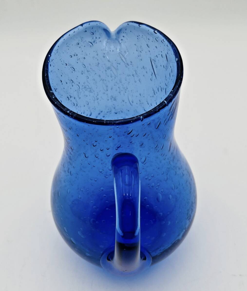Blue bubble glass pitcher signed Biot
