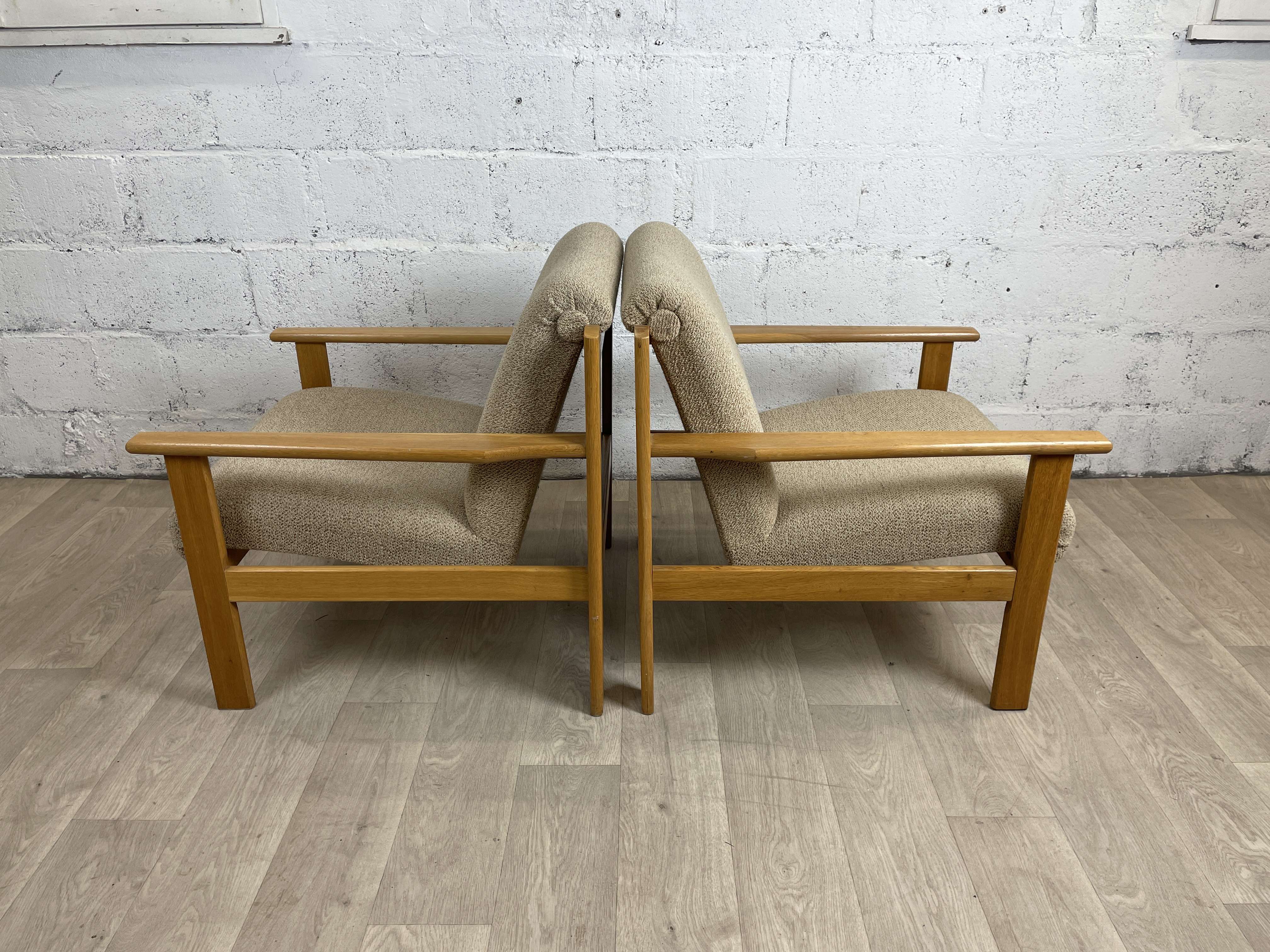 Pair of beige gray armchairs in solid wood origin Eastern countries, 70s-80s
