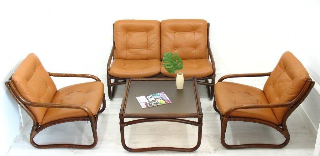 Italian Bamboo, Rattan, and Leather Living Room Set, 1970s