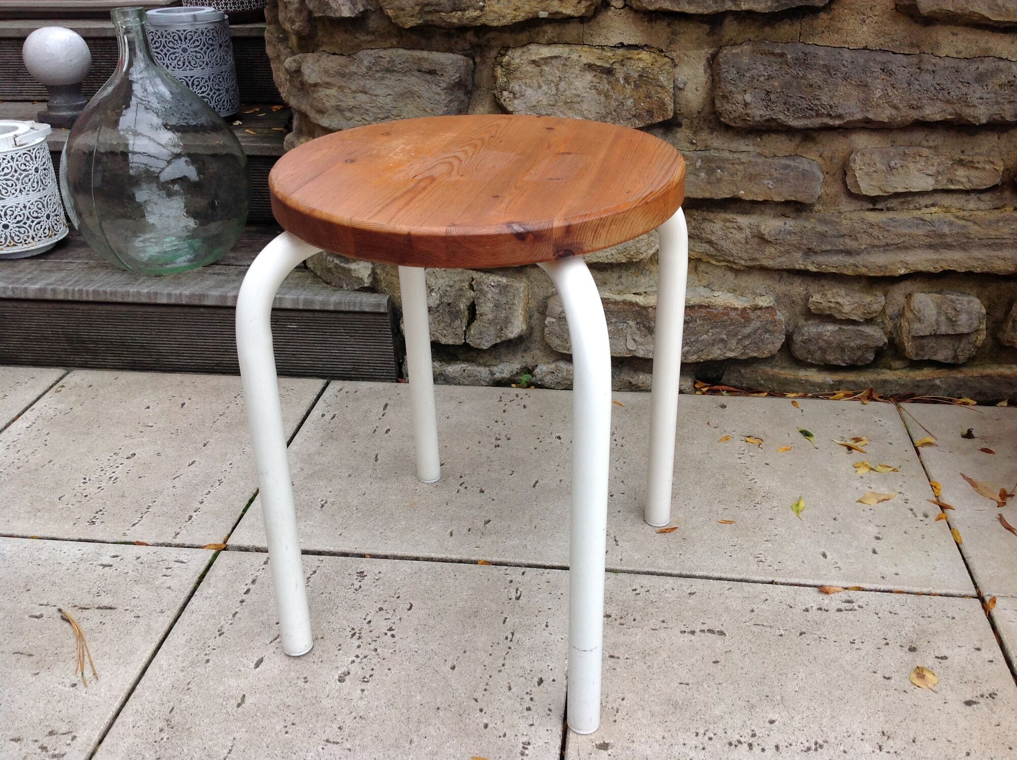 Old wooden stool and white lacquered feet industrial style, 60-70