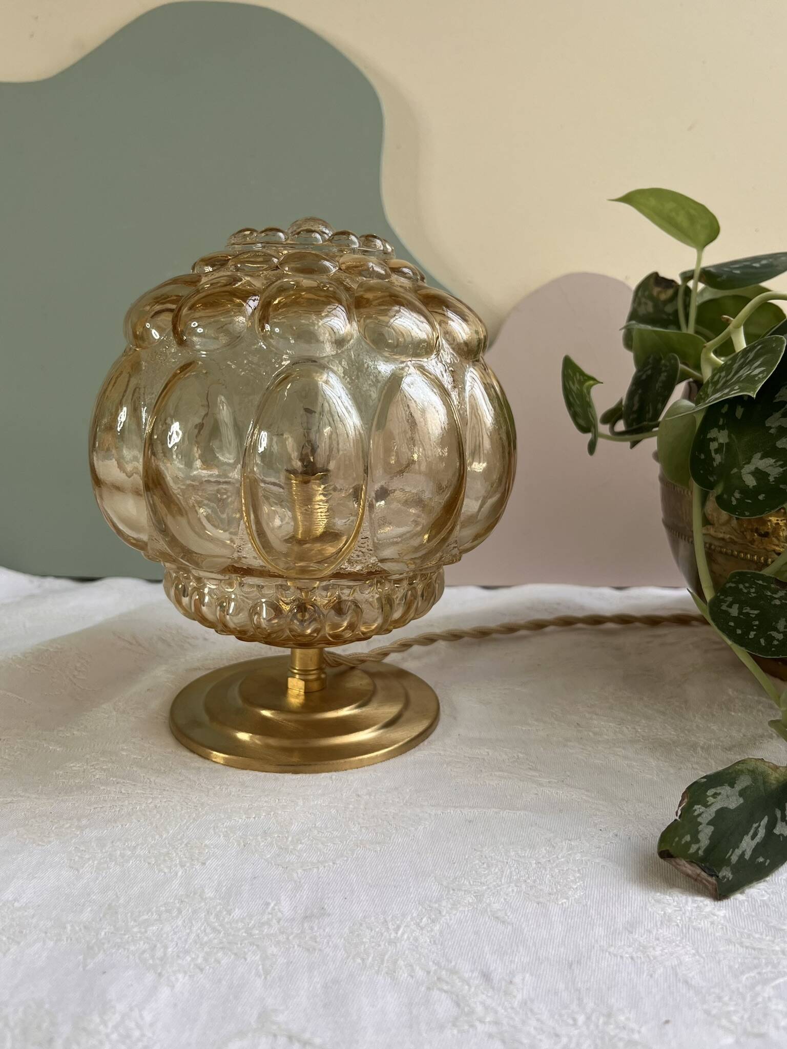 Vintage glass table lamp - amber bubble globe