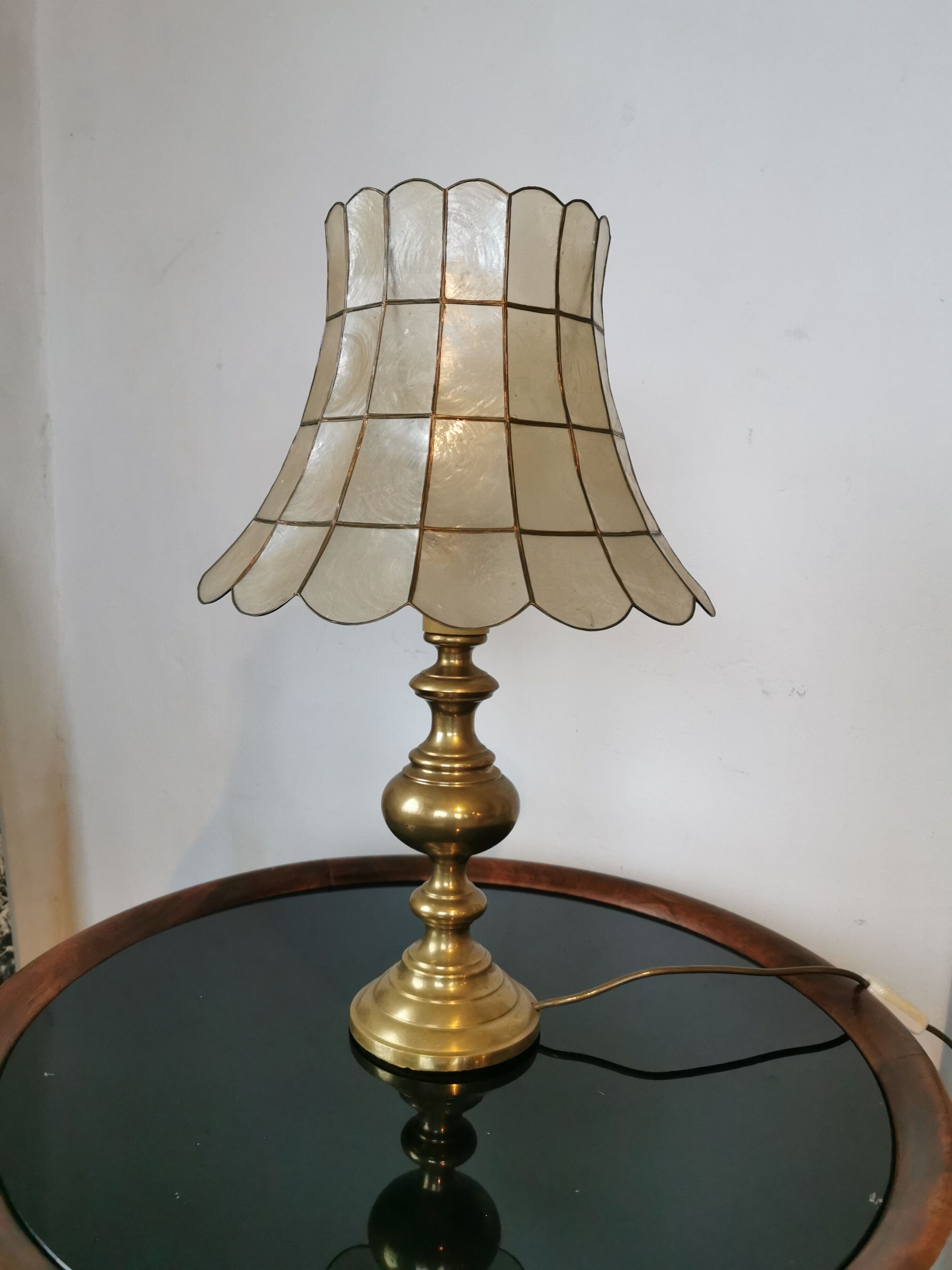 Brass lamp and mother-of-pearl lampshade circa 1970/80
