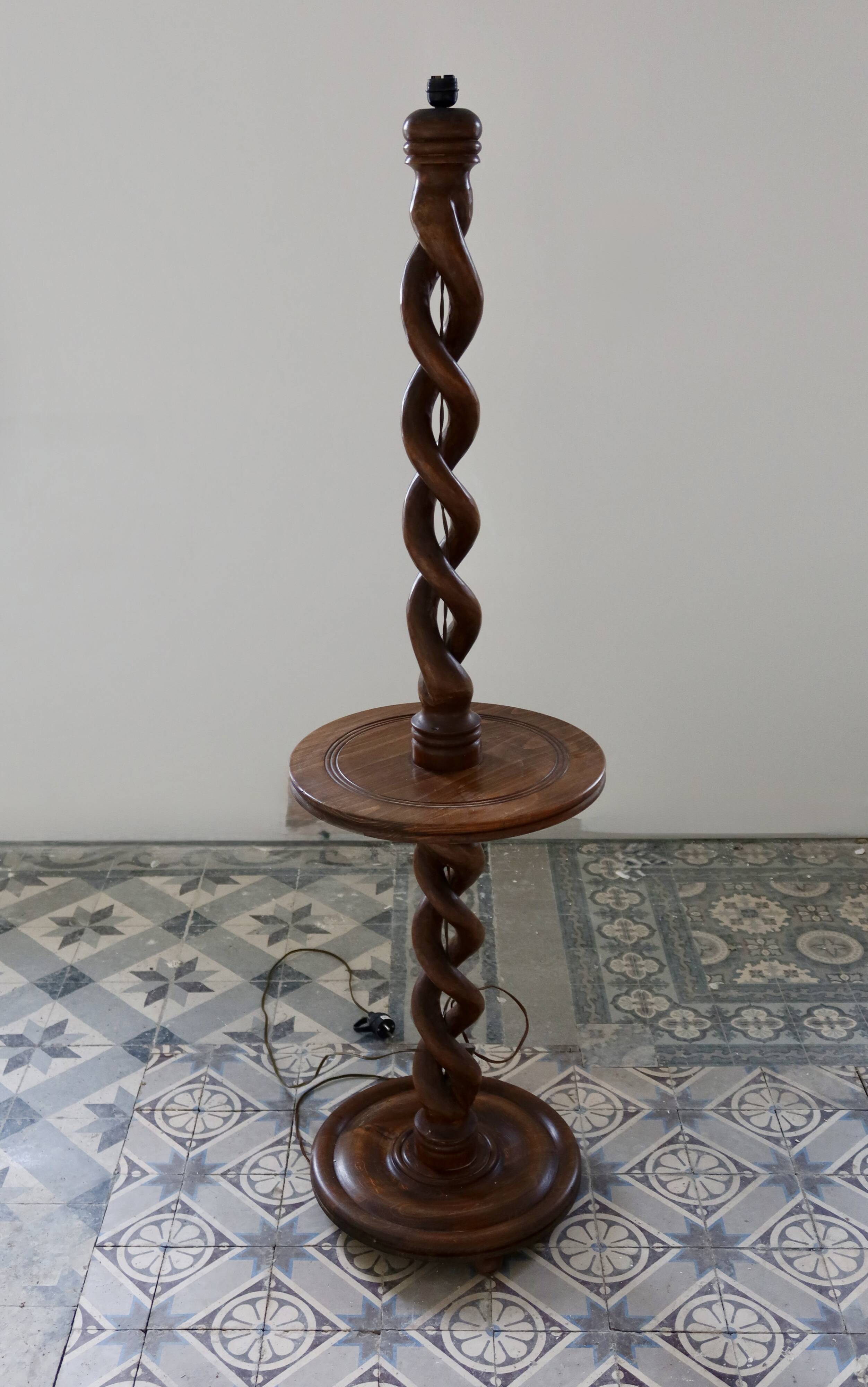 Vintage twisted turned wooden lamp base with shelf.