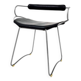 Tabouret sculptural de hauteur de table c. Dossier Métal Argent Vieilli et Cuir Noir