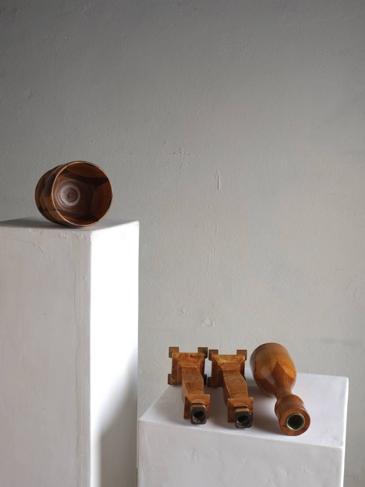 Carved wooden candle holders and bowl set | Sweden | 1970s