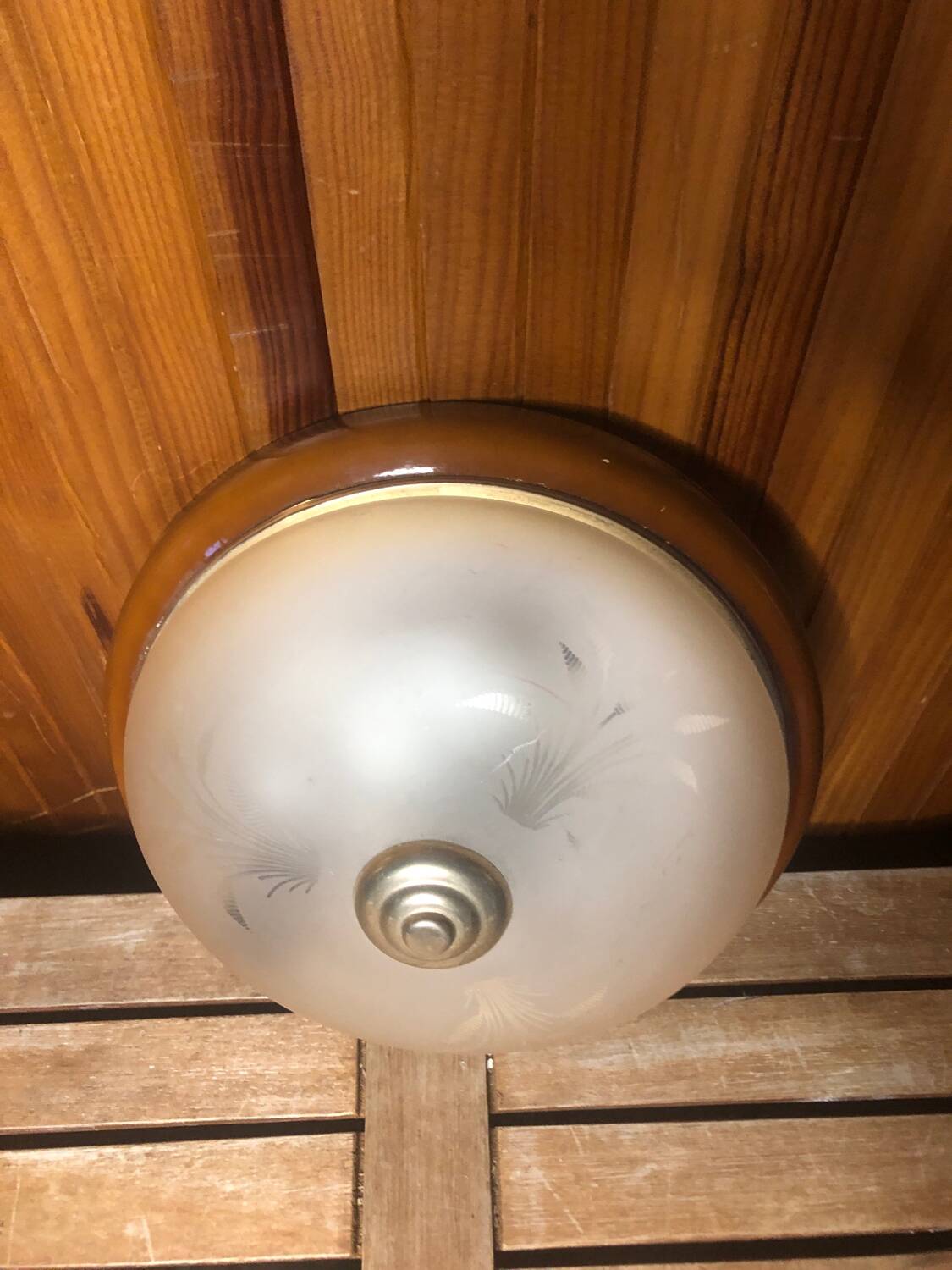 Old engraved glass ceiling light + vintage brown metal contour