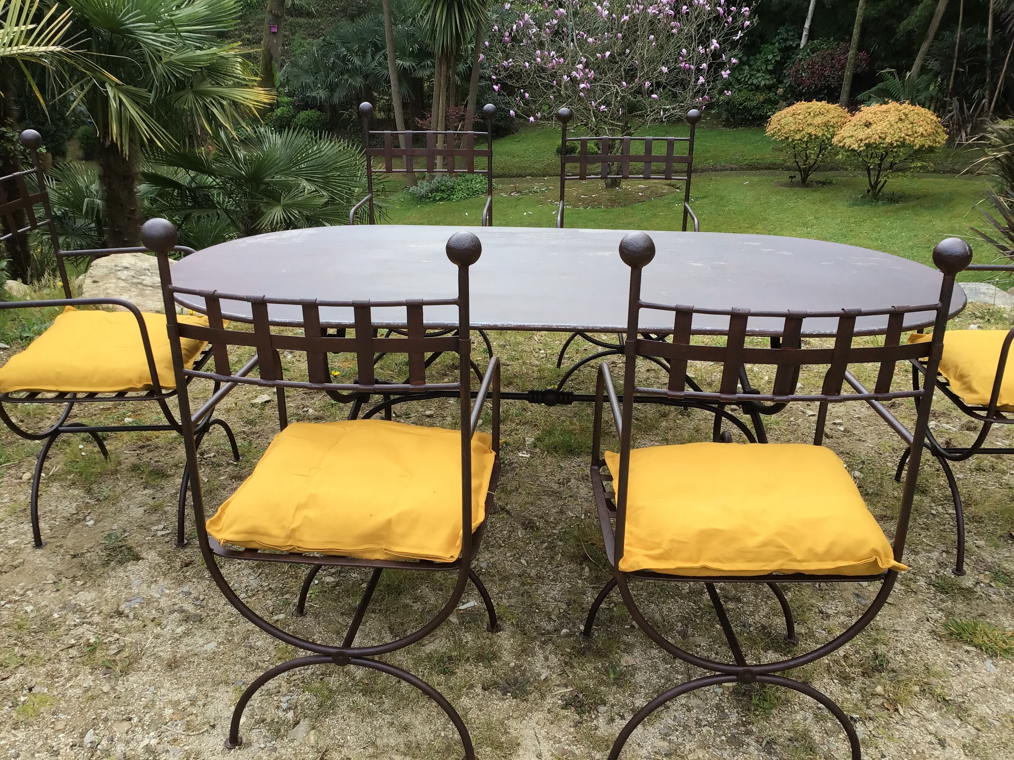 Table & 6 wrought iron chairs, 6 cushions