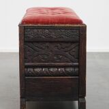Antique English Bench/Chest with Red Tufted Seat