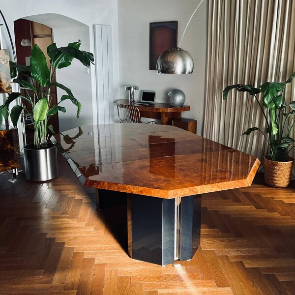 Table à manger loupe d’orme Roche Bobois Jean Claude Mahey vintage