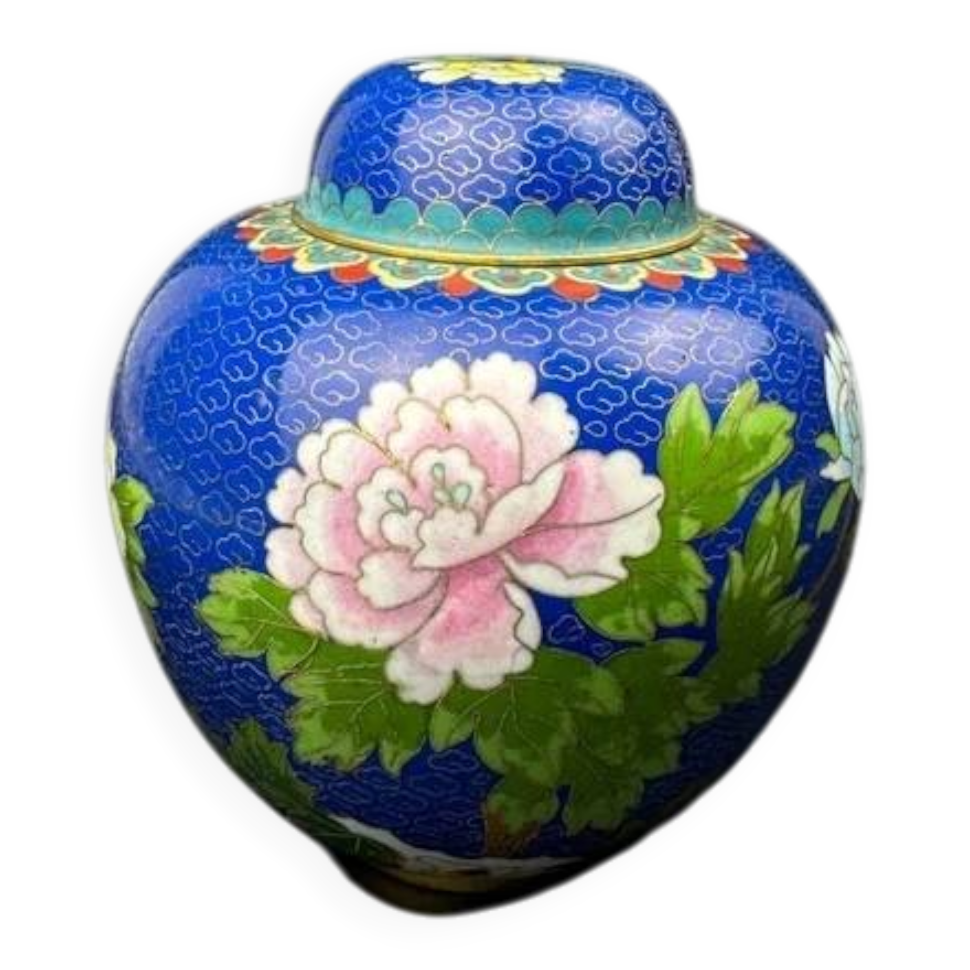 Chinese cloisonné vase decorated with peonies on a blue background, height 15 cm