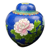 Vase cloisonné chinois à décor de pivoines sur fond bleu