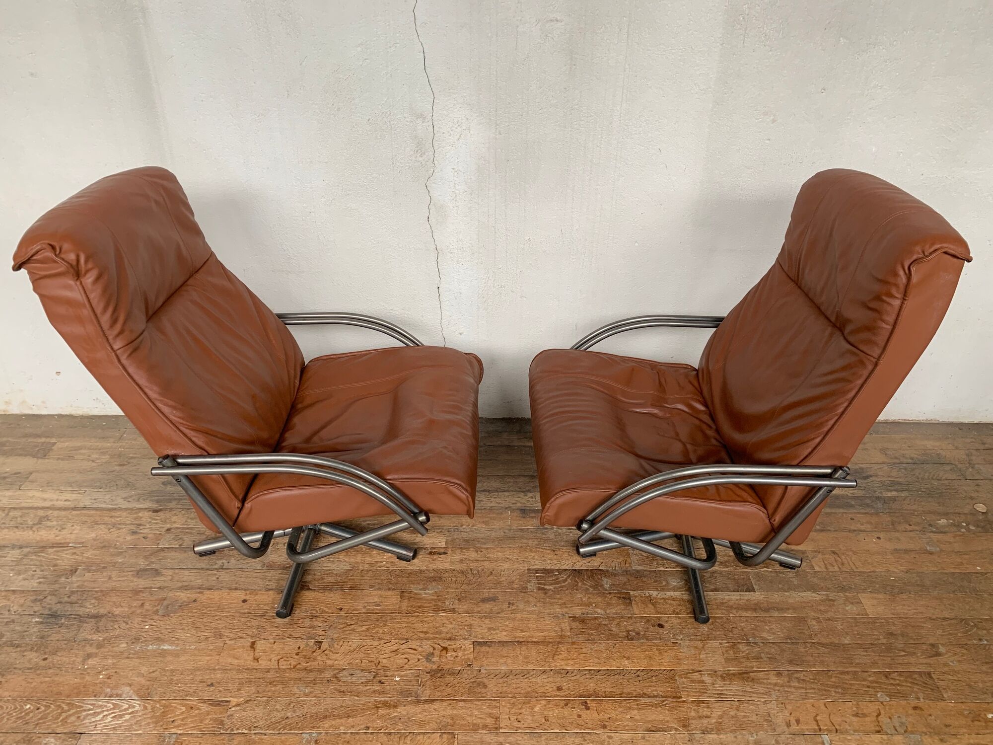 Pair of Scandinavian leather relax vintage armchairs brand Kebe