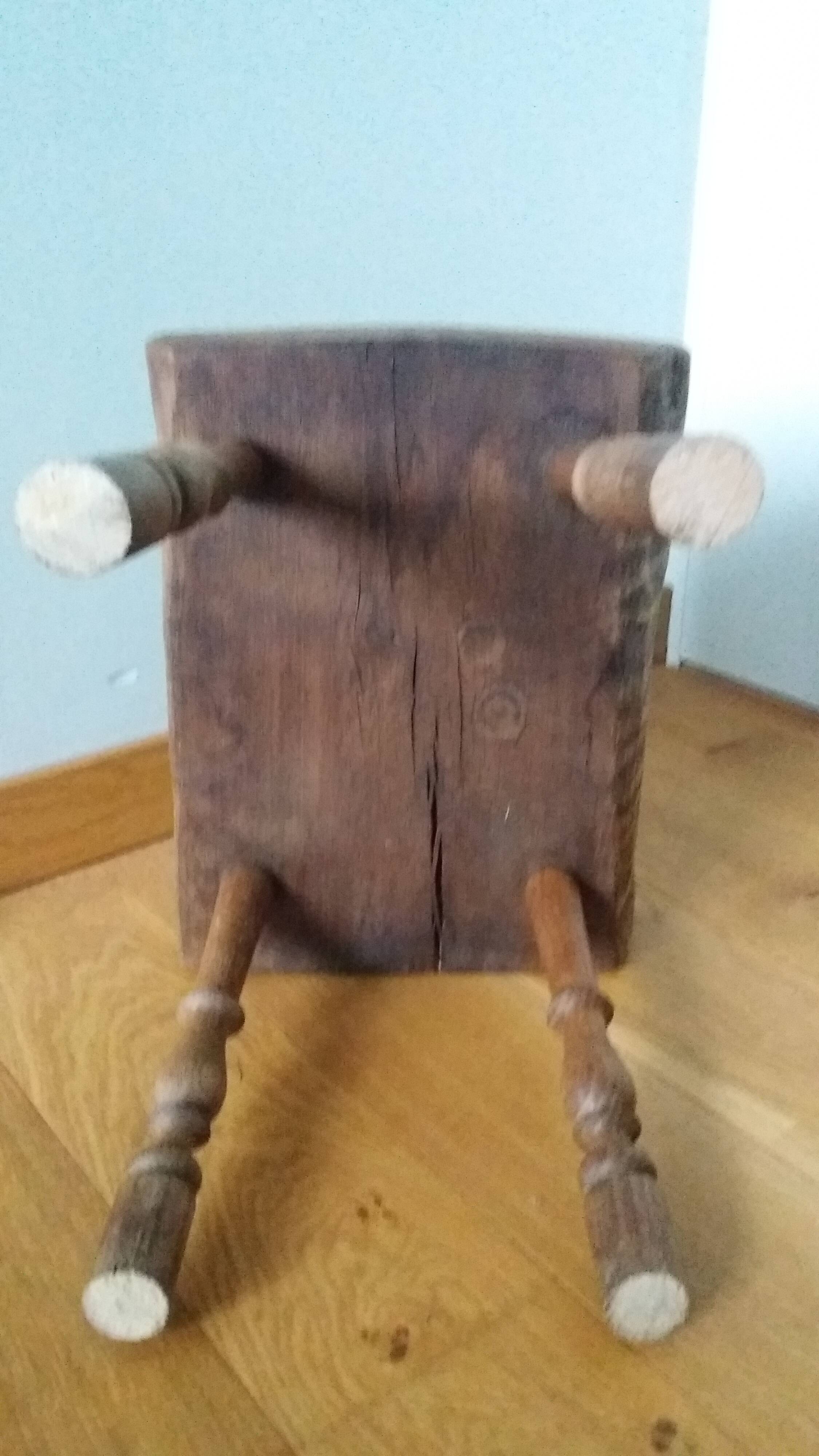 Stool, brutalist side table in solid oak.
