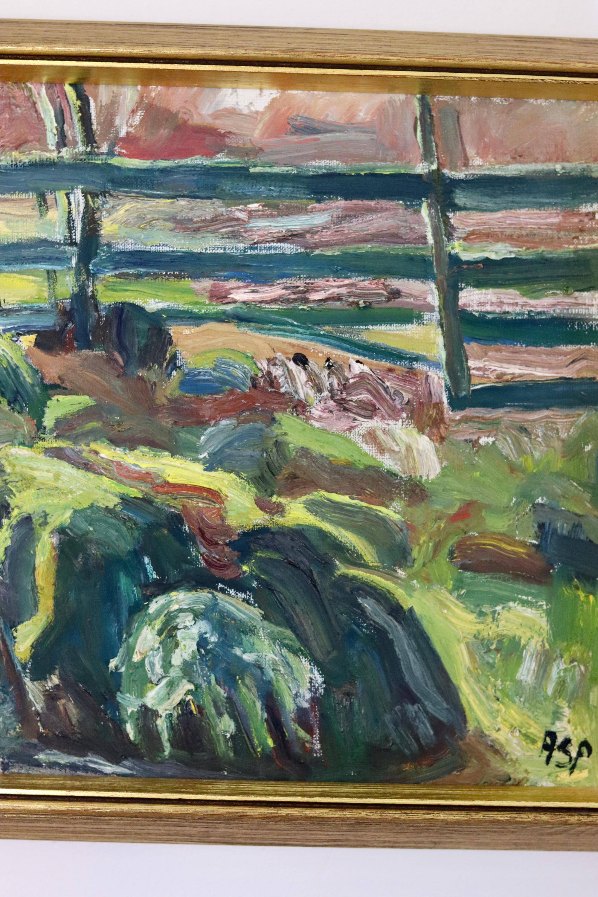 Original Swedish Mid-Century Oil on Canvas "By The Fence" by Gösta Asp (1907–1987)  - Vintage