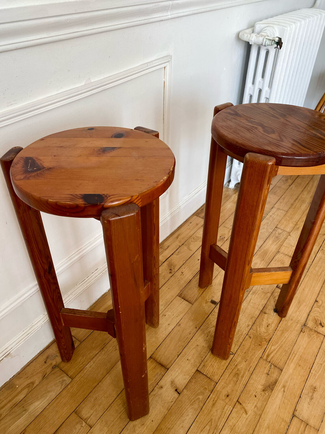 Pair of vintage pine top stools