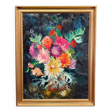Oil on cardboard still life bouquet of flowers 1960
