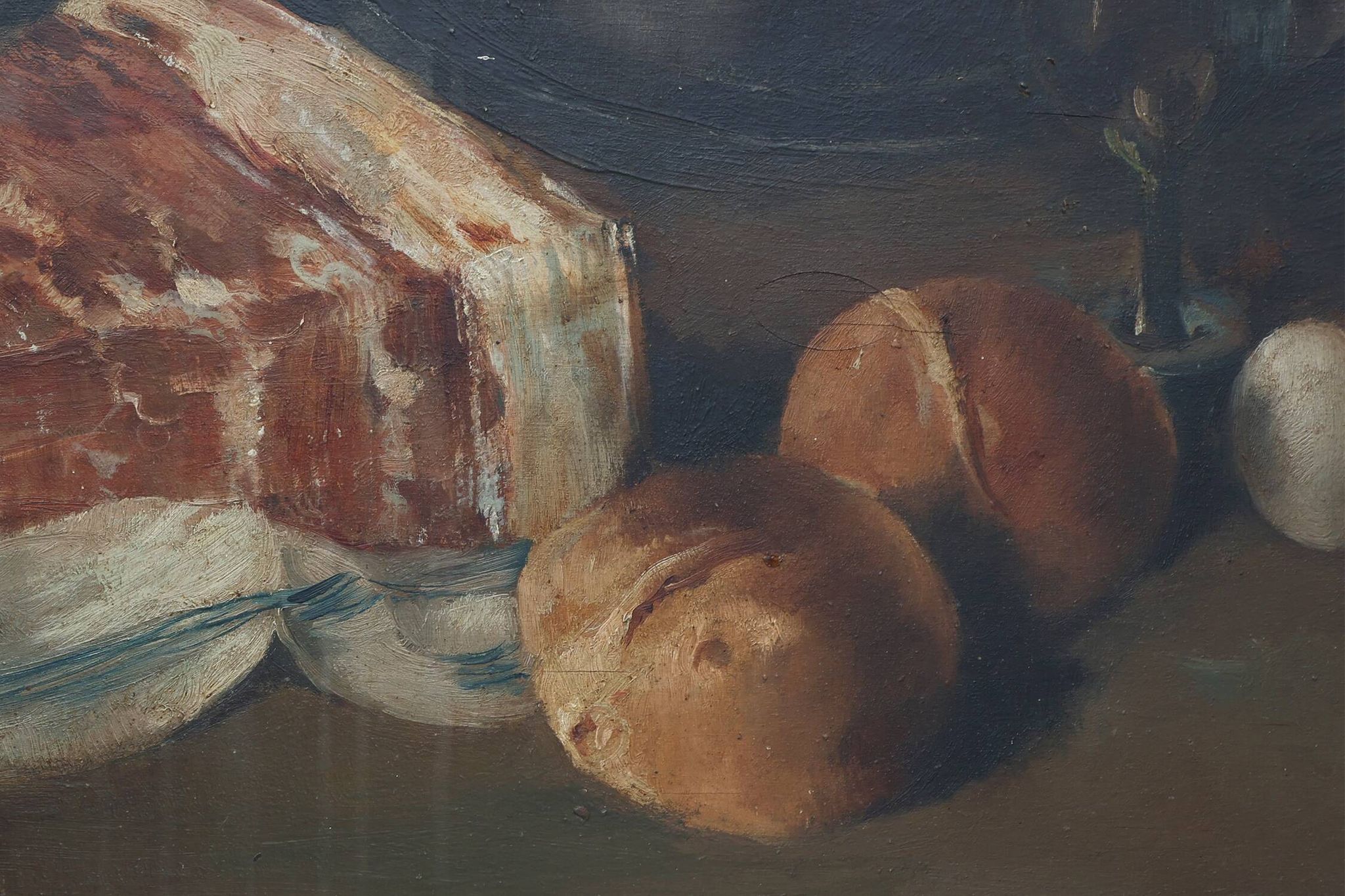 Flemish realist still life with ham, eggs and bread, signed and dated