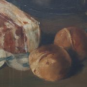 Flemish realist still life with ham, eggs and bread, signed and dated