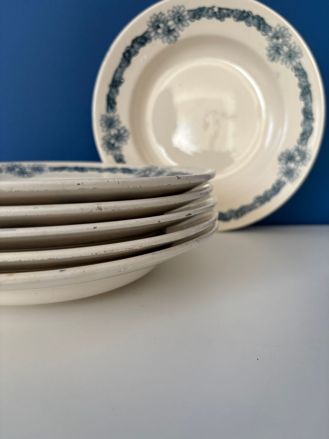 Set of 6 semi-deep plates in ironstone Longchamp model Denise.