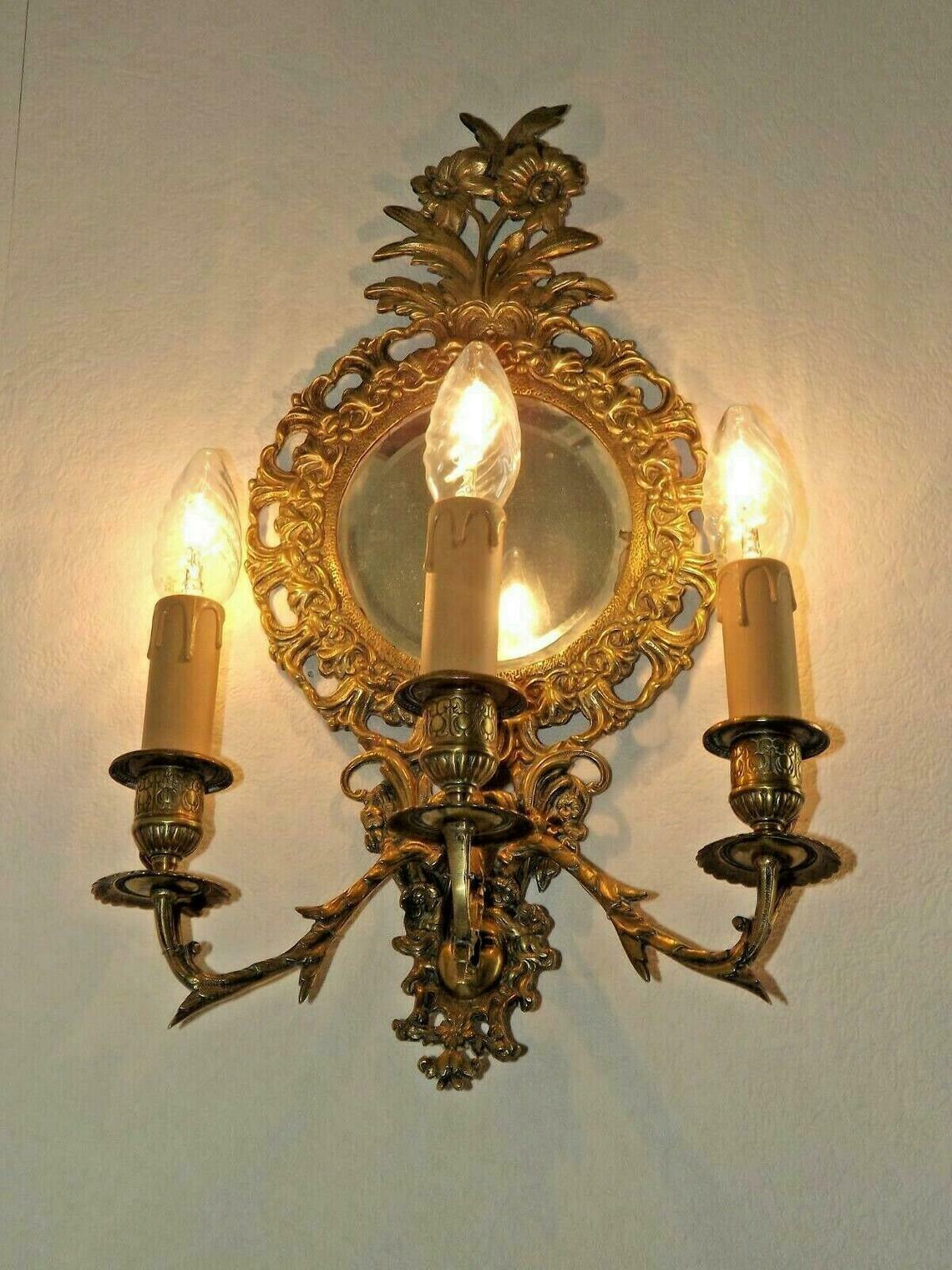 french antique Louis XlV bronze beveled mirror with 3 lights