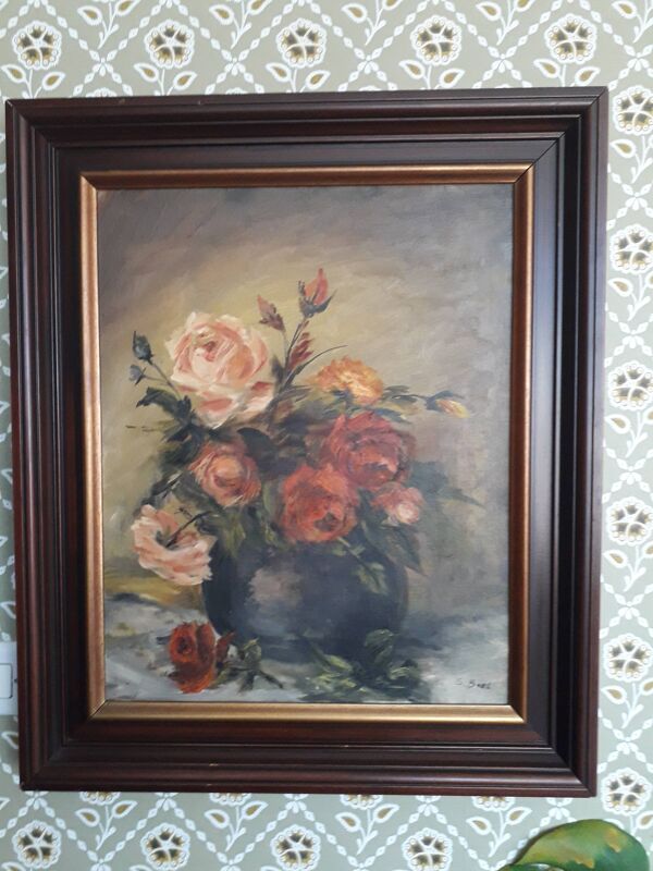 Tableau ancien à l'huile représentant un bouquet de roses