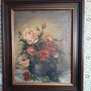 Antique oil painting depicting a bouquet of roses